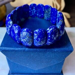 Natural Faceted Blue Lapis Lazuli Stone of Truth Wide Cuff Tile Stretch Bracelet